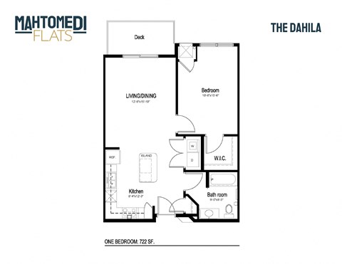 Floor plan for 1 bed, 1 bath, 722 sqft